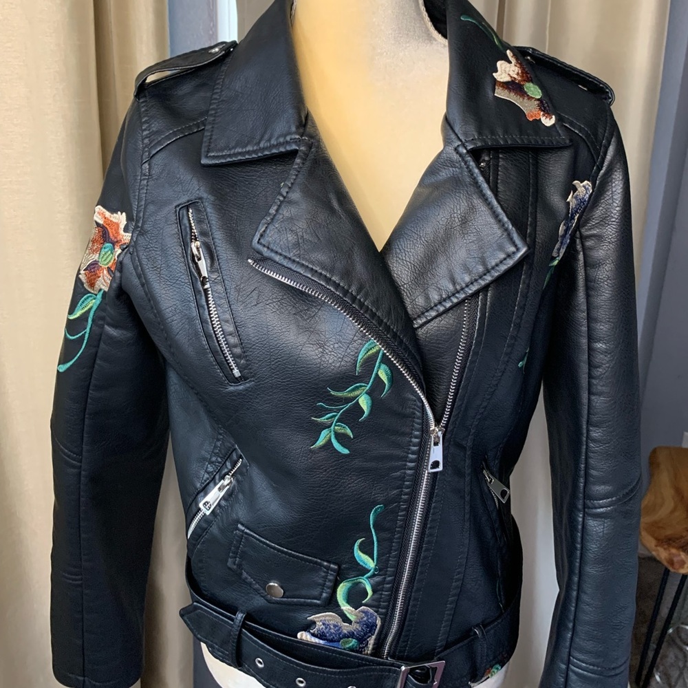 Vegan leather floral embroidered motorcycle jacket.